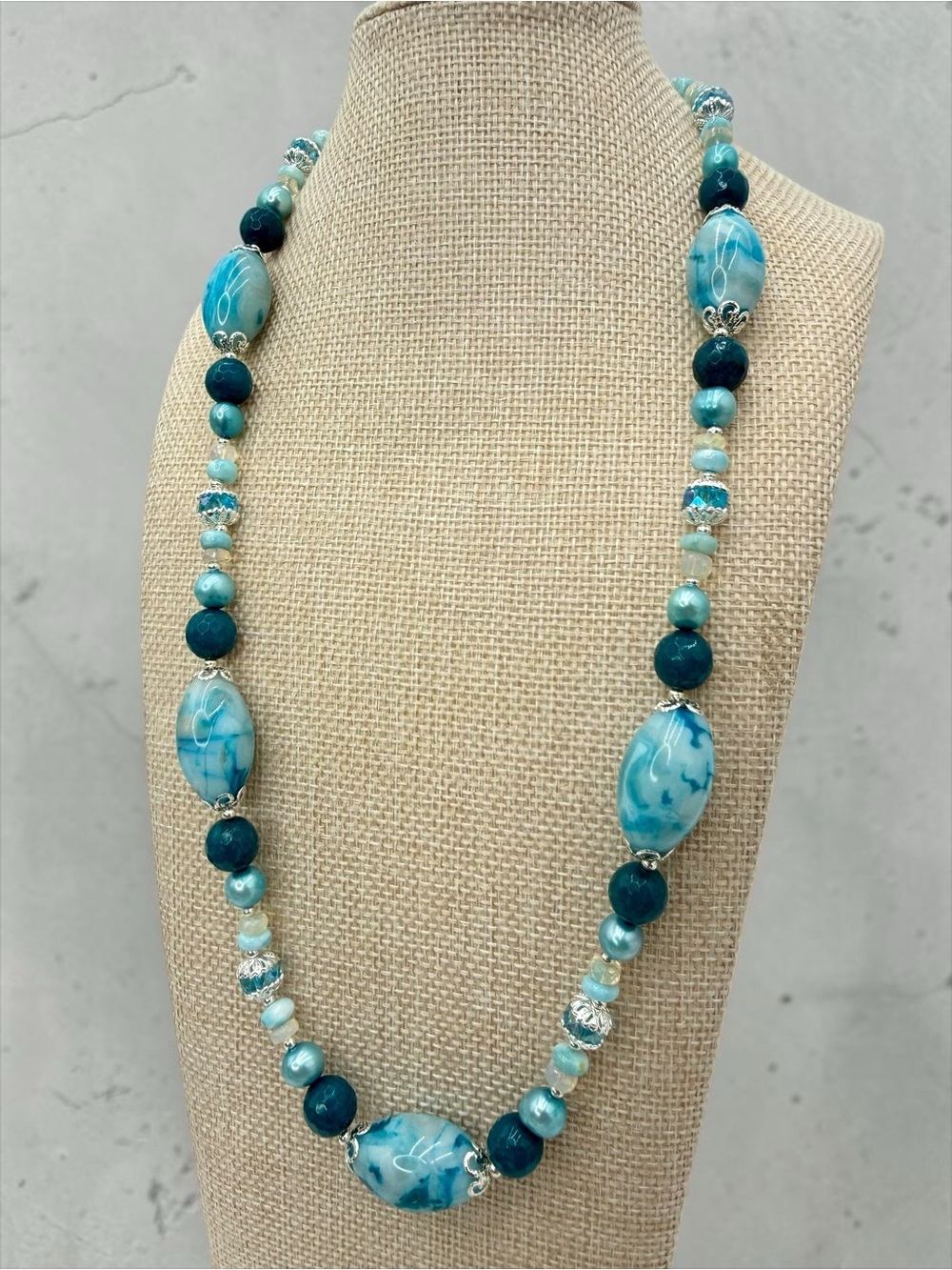 Artisan Murano Style Glass Larimar Apatite Opal Pearl Necklace 22” Ocean Blue - Picture 14 of 17